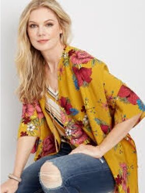 Maurices Mustard and Pink Floral Kimono